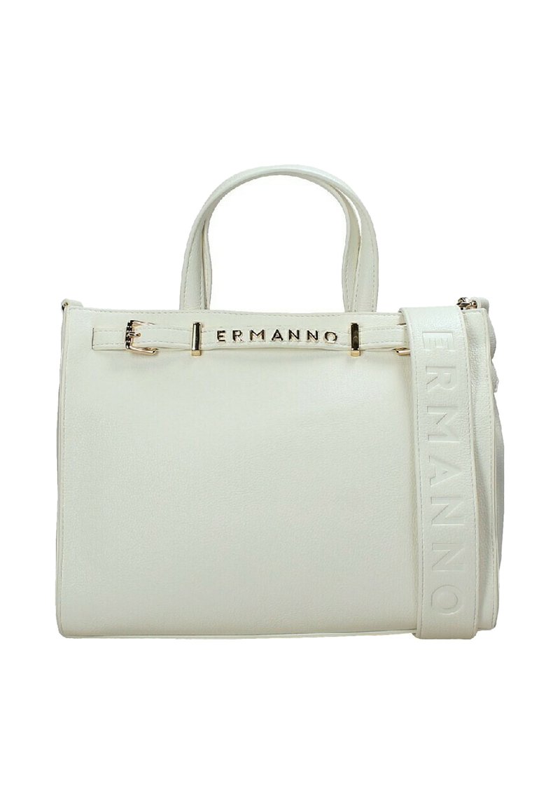 Borsa a mano bianca in pelle con manici doppi, hardware dorato e tracolla staccabile con nome del marchio impresso sul lato.