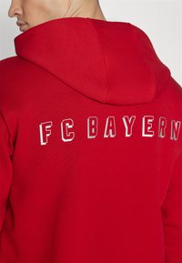La felpa rossa con cappuccio presenta una grande stampa "FC BAYERN" in lettere argento sul retro. Tessuto morbido e vestibilità casual.
