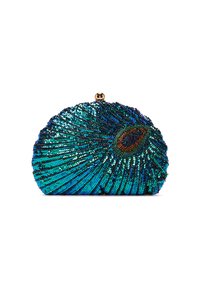 Clutch in perline nei toni del teal e blu, con un design a guscio testurizzato decorato con paillettes e una chiusura dorata. Dettaglio notevole di piuma di pavone.