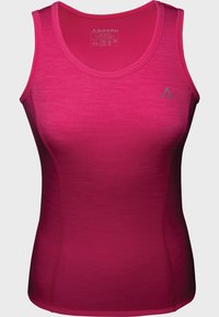 Fuchsia Tanktop aus dehnbarem Stoff mit glatter Textur. Mit Rundhalsausschnitt und einem kleinen Logo-Detail in Grau auf der linken Seite.