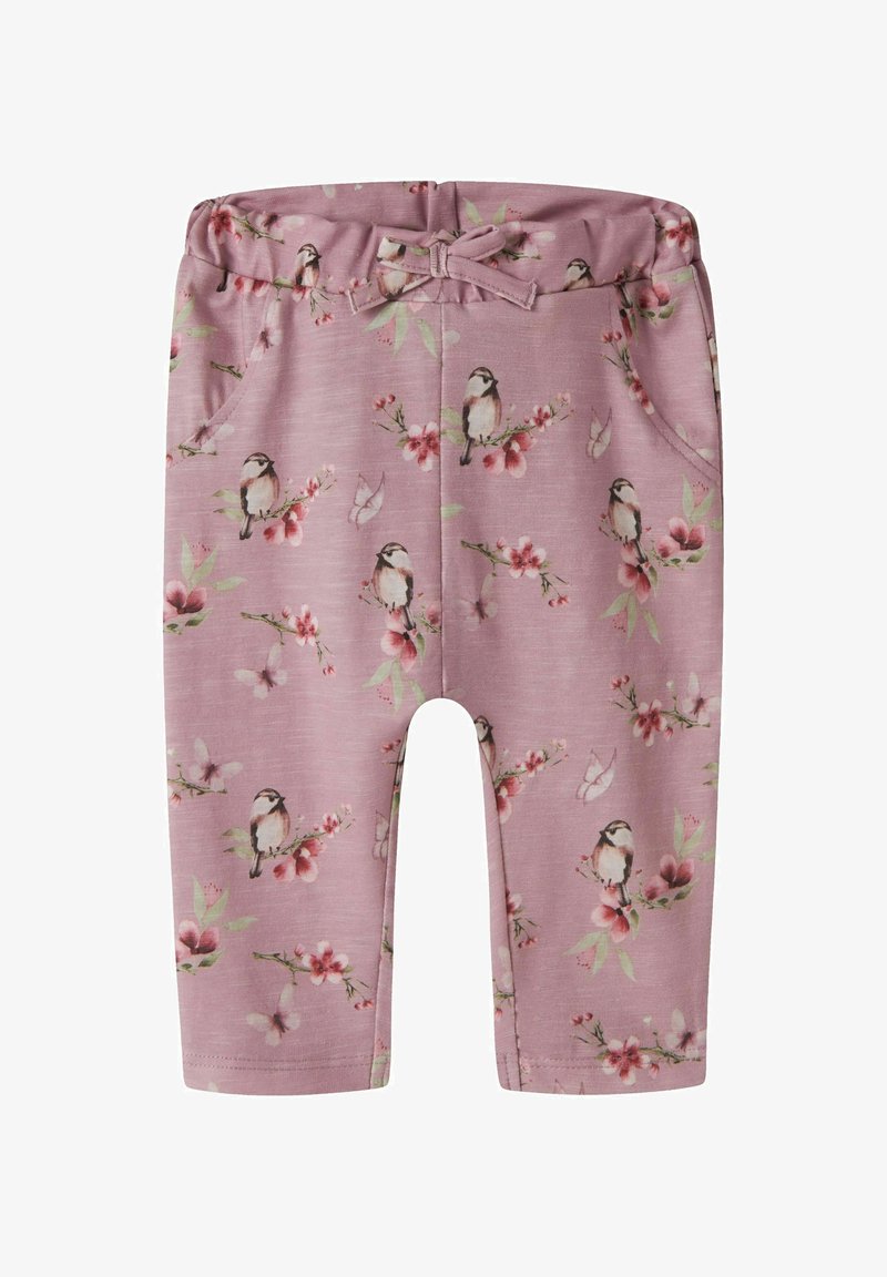Pantalon pour tout-petit de couleur violet clair avec poches, taille élastique, détail nœud, et imprimé d'oiseaux, de fleurs roses et de papillons.
