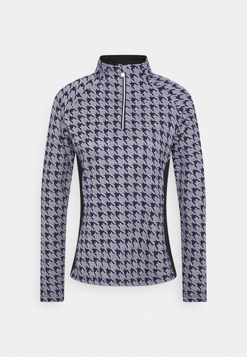Pull femme à manches longues avec motif pied-de-poule noir et gris, col montant et fermeture éclair devant avec bouton-pression.