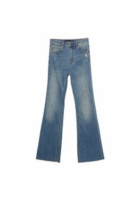 Jeans acampanados de color azul claro en denim con detalles de desgaste y desvanecimiento. Presenta un diseño de cinco bolsillos y un cierre de cremallera.
