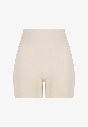 Shorts beiges avec une texture lisse, une taille haute à côtes et un ajustement élastique, d'une longueur mi-cuisse et sans motifs visibles.