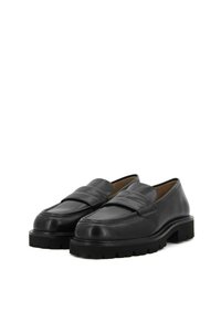 Black leather loafers with a raised front band, thick rubber sole, and rounded edges. Smooth texture with minimal detailing.