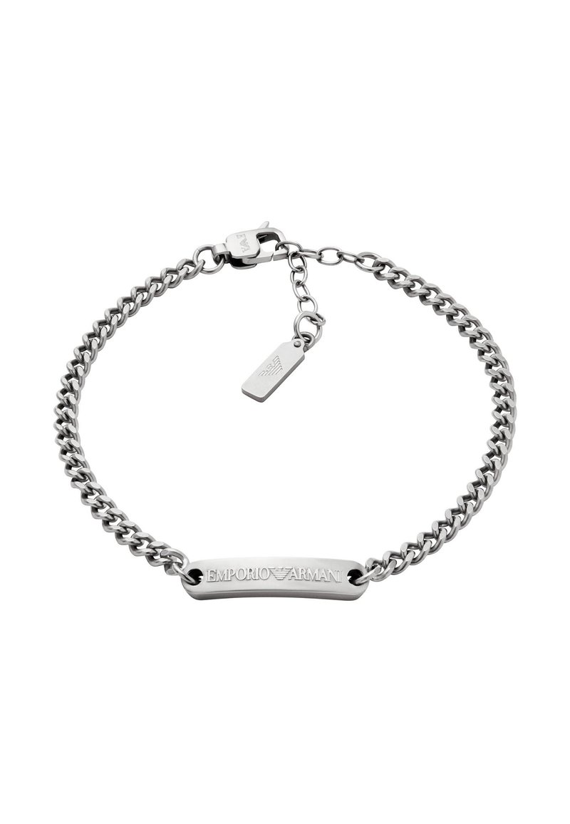 Bracelet en chaîne en argent avec une plaque plate gravée "EMPORIO ARMANI", doté d'un fermoir à homard et d'une chaîne d'extension pour un ajustement personnalisable.