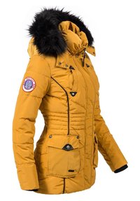 Yellow padded jacket featuring a faux fur-lined hood, zip and snap closures, and two front pockets. Black accents along seams.