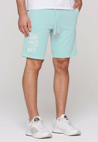 Lichtblauwe shorts van een katoenmix, met witte tekstprint die zegt "CAMP DAVID Deep Water No. 1" aan de linkerkant.