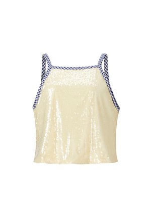 Haut sans manches en sequins crème avec bordure à carreaux bleus et blancs sur les bretelles et le décolleté, présenté sur fond blanc.