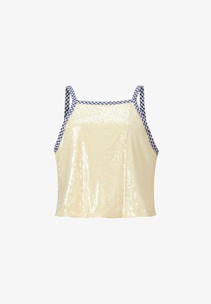 Haut sans manches en sequins crème avec bordure à carreaux bleus et blancs sur les bretelles et le décolleté, présenté sur fond blanc.