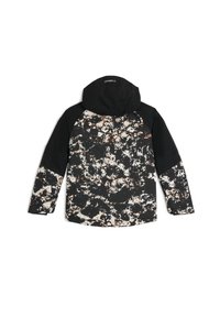 Chaqueta con capucha de base negra con un patrón salpicado en tonos blancos y cobre. El material parece suave con mangas negras en contraste.