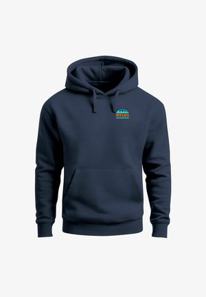 Navy blue hoodie made of cotton blend. Features a front pocket, drawstring hood, and a colorful logo on the upper left chest.