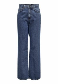 Jeans i mörkblå denim med vida ben, hög midja, fem fickor och kontrasterande sömmar.