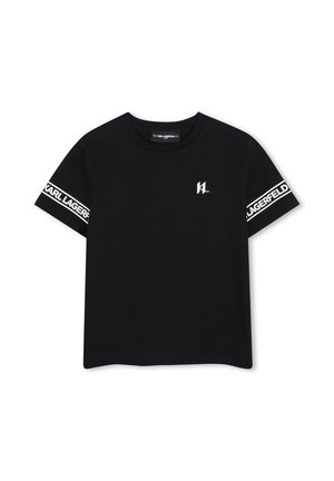 T-shirt noir à manches courtes avec logo blanc "KL" sur la poitrine et texte "Karl Lagerfeld" sur des bandes blanches autour des deux manches.