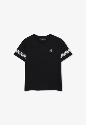 Zwart T-shirt met korte mouwen met wit "KL"-logo op de borst en "Karl Lagerfeld" tekst op witte banden rond beide mouwen.