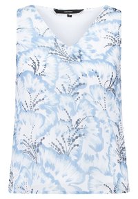 Top senza maniche a scollo a V in tessuto morbido con un motivo floreale blu su sfondo bianco. Presenta una vestibilità rilassata e una leggera texture.