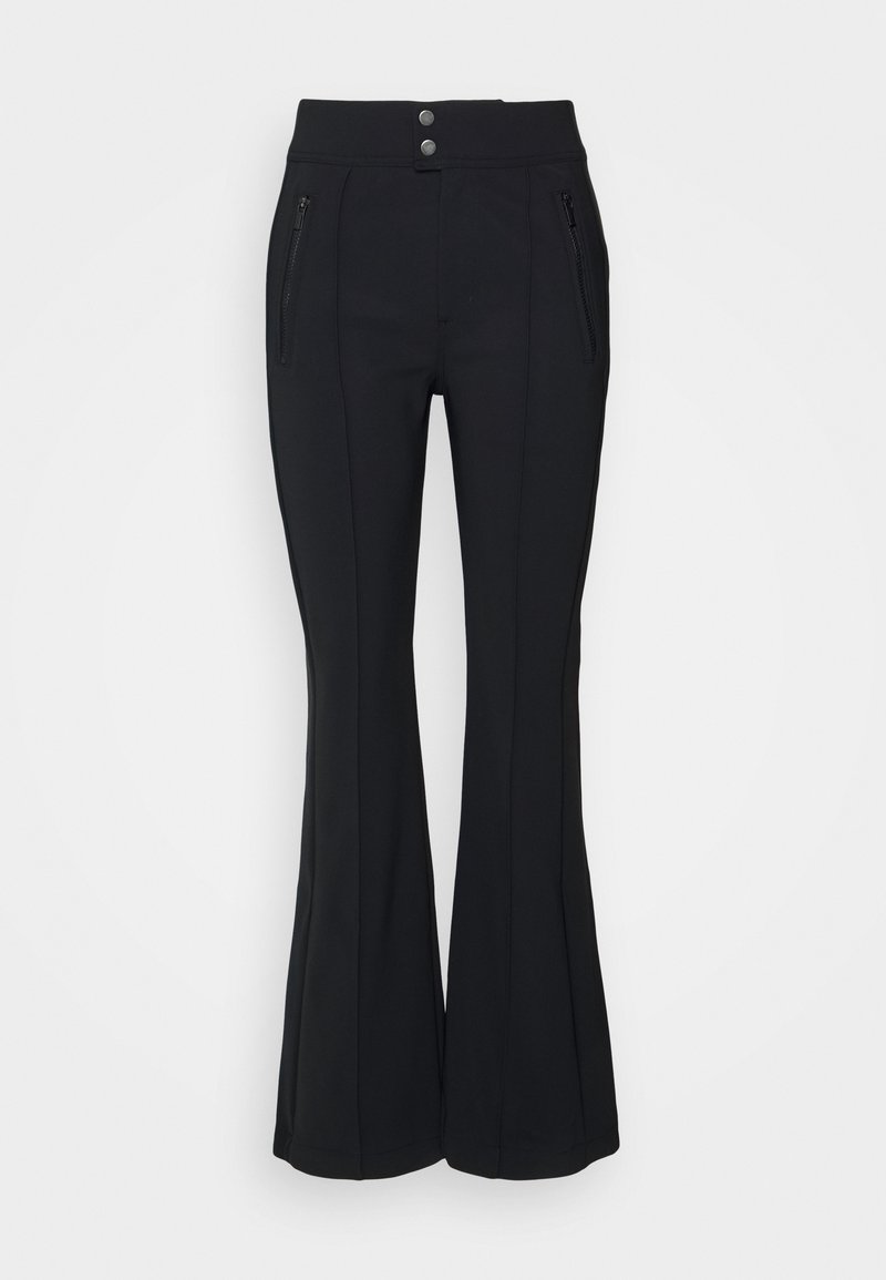 Pantalons noirs évasés en tissu extensible avec une taille haute, dotés de deux poches zippées et de fermetures à boutons sur le devant.