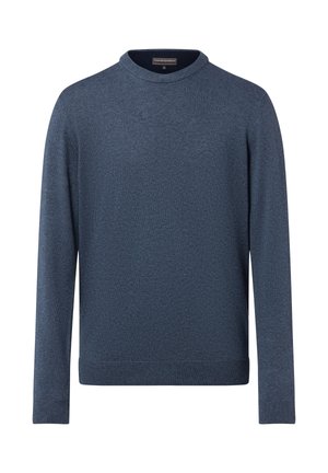 Men’s plain long-sleeve crew neck sweater in dark blue knit fabric with ribbed cuffs and hem.