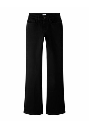 Sorte bredbenede jeans lavet af bomuldsdenim. Har en knaplukning, klassisk fem-lomme-design og en glat tekstur uden mønstre.