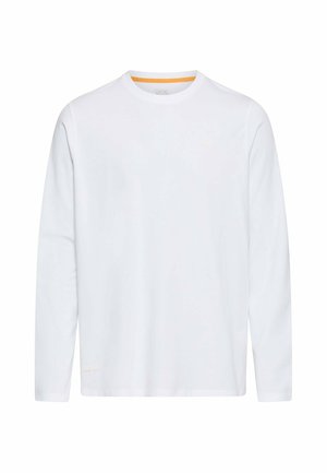 Simpel hvid langærmet crew neck trøje med lille logo på brystet og et diskret gult indvendigt kravedetalje.