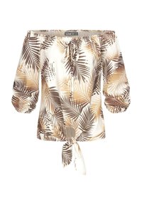 Blusa de hombros descubiertos en tejido ligero con un patrón de hojas de palma en marrón y crema. Cuenta con puños elásticos y un dobladillo delantero atado.