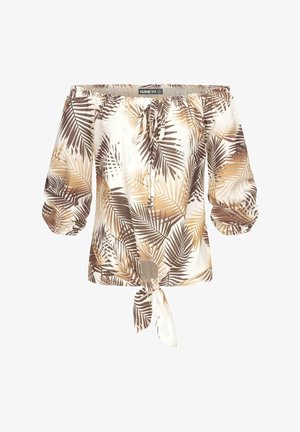 Vállra húzott blúz könnyű anyagból, barna és krémszínű pálmalevél mintával. Rugalmas mandzsetta és megkötős elülső alsó rész jellemzi.