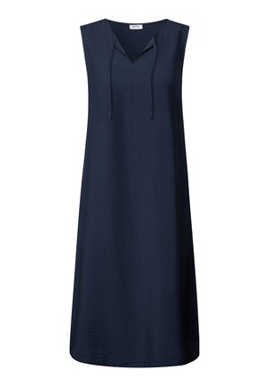 Marineblå ærmeløs kjole med V-hals og snor-detalje. Glat tekstur og A-linje design, der går til midt på læggen.