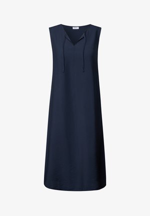 Marineblå ærmeløs kjole med V-hals og snor-detalje. Glat tekstur og A-linje design, der går til midt på læggen.