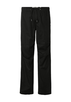 Schwarze gerade geschnittene Hose mit elastischem Bund und Kordelzug, mit Knie-Naht-Details.