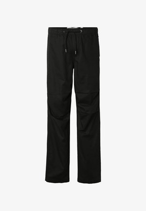 Schwarze gerade geschnittene Hose mit elastischem Bund und Kordelzug, mit Knie-Naht-Details.