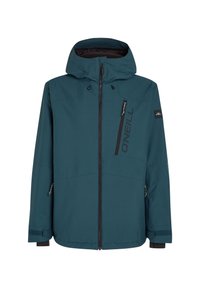 Veste imperméable teal avec fermeture éclair, capuche réglable et détails noirs. Comprend des poches latérales et une poche poitrine pour le rangement.