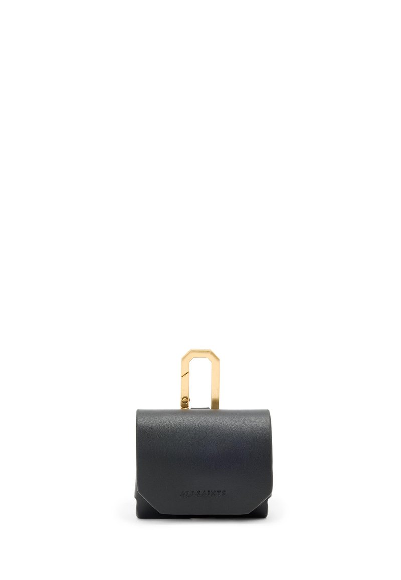 Black leather AllSaints pouch with a gold-tone geometric metal clasp on top, shown against a white background.