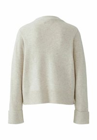 Hellbeige gestrickter Pullover mit einem cropped Design, gerippten Bündchen und Saum. Weiche Textur mit einem dezenten melierten Muster.