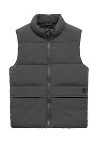 Pohodlná šedá vesta s vysokým límcem, předním zipem a dvěma vodorovnými kapsami. Má strukturovanou tkaninu a kulaté logo na boku.