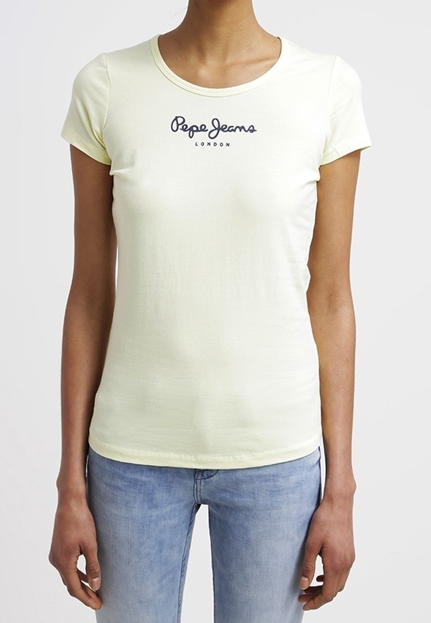 Světlý žlutý krátký rukáv tričko s kulatým výstřihem, na kterém je vytištěno námořnické modré logo "Pepe Jeans London" na hrudi. Měkký bavlněný materiál.