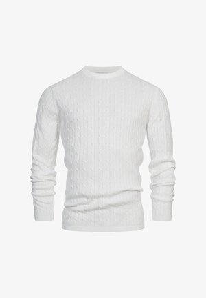 Maglione bianco a coste con scollo rotondo, maniche lunghe, polsini a coste e un motivo in tessuto testurizzato.