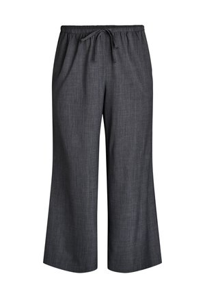 Pantalones anchos de pierna ancha en gris oscuro con cinturilla elástica y cordón, tela lisa, sin bolsillos visibles ni adornos.