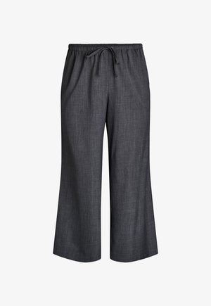 Pantalones anchos de pierna ancha en gris oscuro con cinturilla elástica y cordón, tela lisa, sin bolsillos visibles ni adornos.