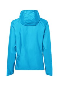 Heldere blauwgekleurde jas met capuchon en lange mouwen, gezien van achteren, met elastische manchetten en een glad, lichtgewicht materiaal.