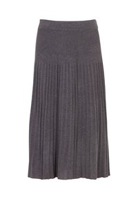 Gonna midi plissettata grigia realizzata in tessuto morbido, con vita a coste e pieghe verticali per un aspetto strutturato.