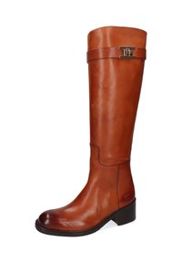Hohe braune Lederstiefel mit glatter Textur, ausgestattet mit einem einfachen Riemen und metallischen Akzenten. Design mit niedrigem Blockabsatz.