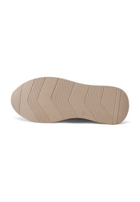 Suola di scarpa in gomma beige con battistrada testurizzato, caratterizzata da scanalature angolari e una punta arrotondata. Contrassegnata con la taglia "37."