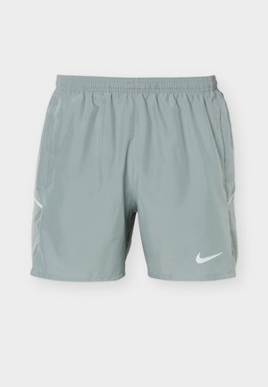 Hellgraue Sportshorts mit elastischem Bund, Seitentaschen und weißem Nike Swoosh-Logo am linken Bein.