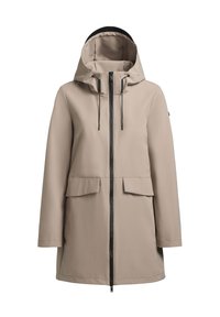Beige vandtæt parka-jakke med en sort foret hætte, frontlynlås og to store frontlommer. Har justerbare snore.