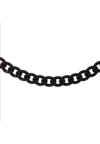 Collana in catena nera in metallo, con spessi anelli intrecciati, caratterizzati da una superficie liscia e una finitura leggermente usurata.