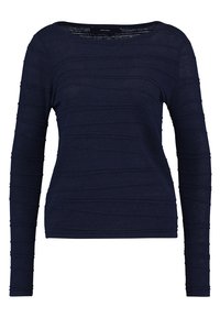 Granatowa bluzka z długim rękawem wykonana z teksturowanego dzianiny z poziomymi paskami. Posiada szeroki dekolt i dopasowane rękawy. Lekka i casualowa.