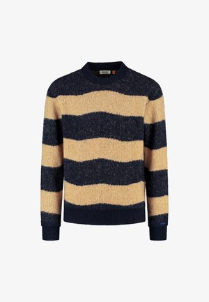 Maglione a righe blu navy e beige, lavorato a maglia con texture, colletto a girocollo, polsini e orlo a costine, con un motivo ondulato e dettagli di branding minimi.