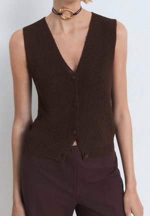 Persona che indossa un gilet senza maniche in maglia marrone scuro con bottoni, pantaloni marrone scuro e un collare nero con un grande anello dorato.