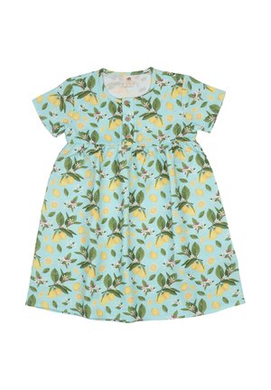 Babykleid mit kurzen Ärmeln, blauem Hintergrund, Muster aus gelben Zitronen und grünen Blättern sowie drei braunen Knöpfen auf der Brust vorne.