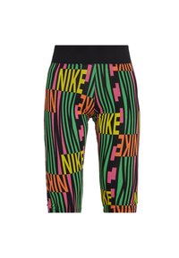 Leggings atletici colorati con vita nera, caratterizzati da strisce audaci di verde, rosa, giallo e arancione e loghi "NIKE" ripetuti in diverse dimensioni.